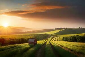 ein schön Sonnenuntergang Über ein Feld mit ein Scheune. KI-generiert foto