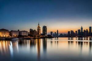 das Stadt Horizont ist reflektiert im das Wasser beim Sonnenuntergang. KI-generiert foto