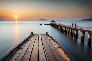 ein lange Seebrücke mit ein Boot beim Sonnenuntergang. KI-generiert foto