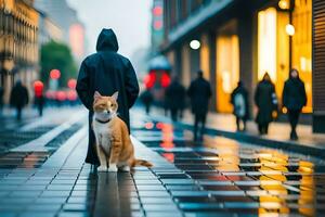 ein Person im ein Kapuzenpullover und Katze Gehen Nieder ein Straße. KI-generiert foto