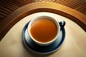 ein Tasse von Tee sitzt auf ein Untertasse auf ein hölzern Tisch. KI-generiert foto