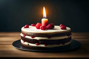 ein Kuchen mit ein Kerze auf oben und Himbeeren. KI-generiert foto