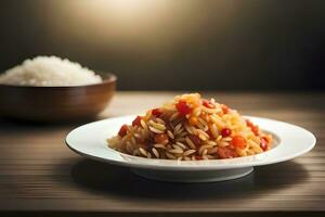 Italienisch Pasta mit Tomate Soße und Reis auf hölzern Tisch. KI-generiert foto