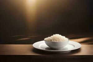 Reis Schüssel auf ein hölzern Tabelle mit ein Licht hinter Es. KI-generiert foto