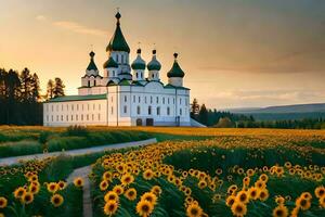 ein Kirche ist umgeben durch Sonnenblumen im ein Feld. KI-generiert foto