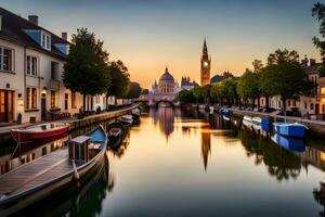 das Sonne ist Rahmen Über ein Kanal im ein Stadt. KI-generiert foto