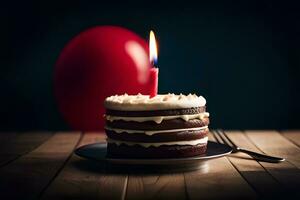 ein Kuchen mit ein Kerze auf oben und ein rot Ballon. KI-generiert foto