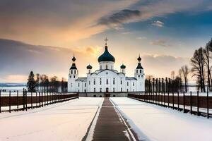 ein Kirche ist umgeben durch Schnee und Bäume. KI-generiert foto