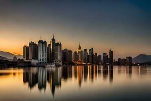 das Stadt Horizont ist reflektiert im das Wasser beim Sonnenuntergang. KI-generiert foto