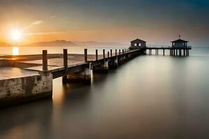 ein lange Exposition fotografieren von ein Seebrücke beim Sonnenuntergang. KI-generiert foto