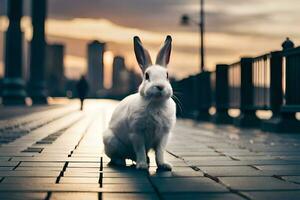 ein Weiß Hase Sitzung auf ein Bürgersteig im Vorderseite von ein Stadt. KI-generiert foto