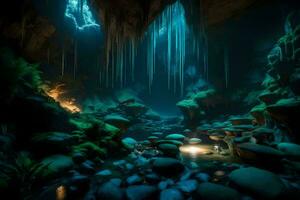 ein Höhle mit Felsen und Wasser. KI-generiert foto