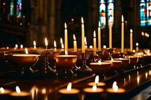 Kerzen sind zündete im ein Kirche mit befleckt Glas Fenster. KI-generiert foto