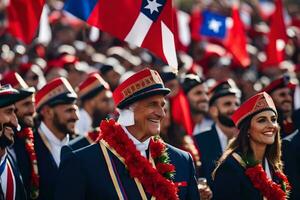 das Männer sind tragen rot und Blau Uniformen und halten Flaggen. KI-generiert foto