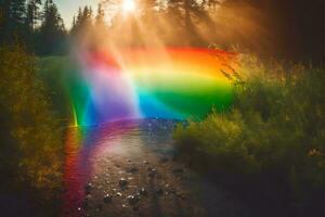 ein Regenbogen ist gesehen im das Himmel Über ein Strom. KI-generiert foto