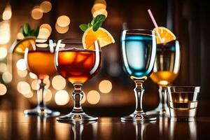vier Brille von anders farbig Getränke auf ein Bar. KI-generiert foto