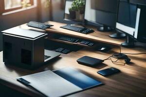 ein Schreibtisch mit ein Computer, Maus, und Klaviatur. KI-generiert foto