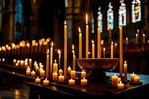 Kerzen sind zündete im ein Kirche mit Kerzen. KI-generiert foto