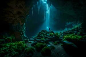 ein Person Stehen im Vorderseite von ein Höhle mit ein Wasserfall. KI-generiert foto