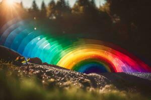 ein Regenbogen ist gesehen im das Himmel mit Bäume und Gras. KI-generiert foto