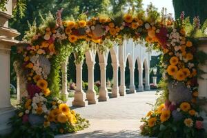 ein Hochzeit Bogen gemacht von Blumen und Grün. KI-generiert foto