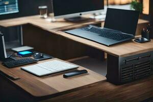 ein Schreibtisch mit ein Laptop, Tastatur und Maus. KI-generiert foto