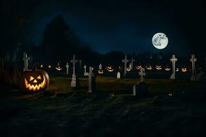 Halloween Kürbisse im ein Friedhof beim Nacht. KI-generiert foto