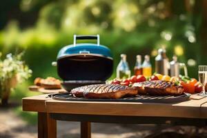 Grillen Steak auf ein Grill mit ein Flasche von Wein. KI-generiert foto