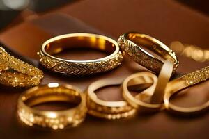 Gold Hochzeit Ringe auf ein Tisch. KI-generiert foto