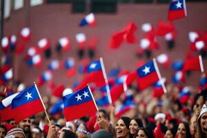 Menschen winken chilenisch Flaggen im das Luft. KI-generiert foto