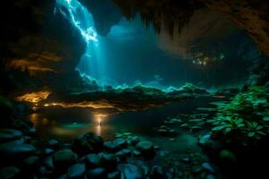 ein Höhle mit Wasser und Pflanzen im Es. KI-generiert foto