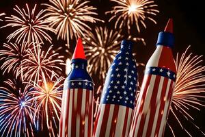 Feuerwerk und amerikanisch Flaggen im das Hintergrund. KI-generiert foto