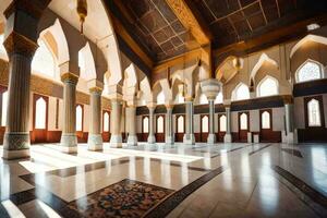 das Innere von ein Moschee mit Säulen und Bögen. KI-generiert foto