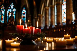 Kerzen sind zündete im Vorderseite von ein Kirche mit Kerzen. KI-generiert foto