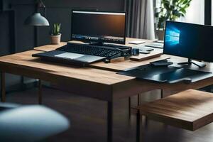 ein Schreibtisch mit zwei Laptops und ein Monitor. KI-generiert foto