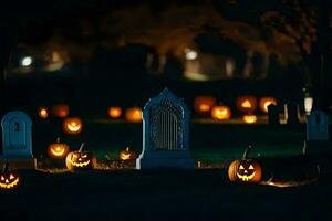 Halloween Kürbisse im ein Friedhof beim Nacht. KI-generiert foto