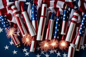 Feuerwerk und ein Bündel von Feuerwerk auf ein amerikanisch Flagge. KI-generiert foto
