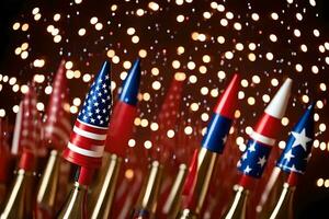 viele amerikanisch Flaggen sind auf Feuer mit Feuerwerk. KI-generiert foto