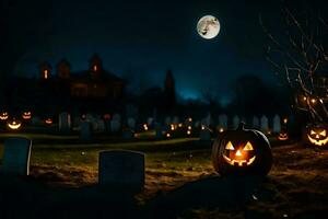 Halloween Kürbisse im ein Friedhof beim Nacht. KI-generiert foto