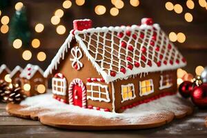 ein Lebkuchen Haus mit Beleuchtung auf das Hintergrund. KI-generiert foto