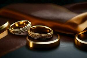 zwei Gold Hochzeit Ringe auf ein braun Tuch. KI-generiert foto