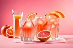 Grapefruit, Orange und Zitrone Saft auf ein Rosa Hintergrund. KI-generiert foto
