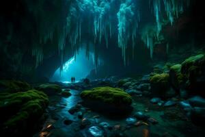 ein Höhle mit ein Mann Stehen im das Mitte. KI-generiert foto