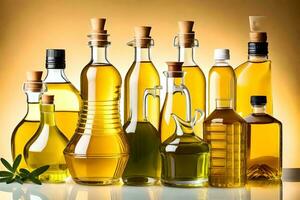 viele anders Typen von Olive Öl im Glas Flaschen. KI-generiert foto