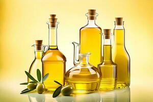 Olive Öl und andere Öle sind gezeigt im ein Gruppe. KI-generiert foto