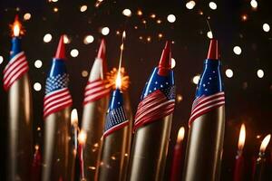 ein Gruppe von Feuerwerk mit amerikanisch Flaggen auf ihnen. KI-generiert foto