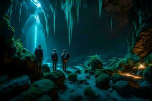 drei Menschen Stand im Vorderseite von ein Höhle mit ein Licht Kommen von das Decke. KI-generiert foto