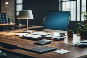 ein Computer auf ein Schreibtisch im ein Büro. KI-generiert foto