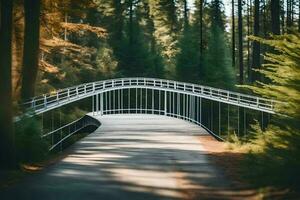 ein Brücke im das Wald mit Bäume auf beide Seiten. KI-generiert foto
