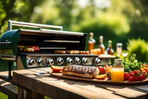 ein Grill mit Essen auf es auf ein Tabelle außen. KI-generiert foto